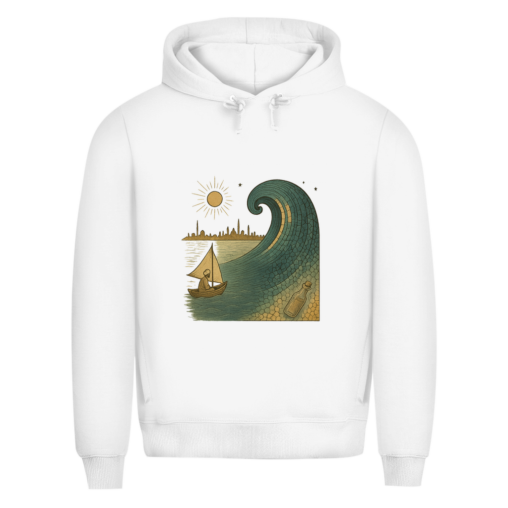 Hoodie mit türkischem Wellenmotiv – Kunstvolles Streetwear-Design mit Booten & Flaschenpost