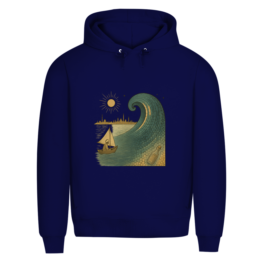 Hoodie mit türkischem Wellenmotiv – Kunstvolles Streetwear-Design mit Booten & Flaschenpost