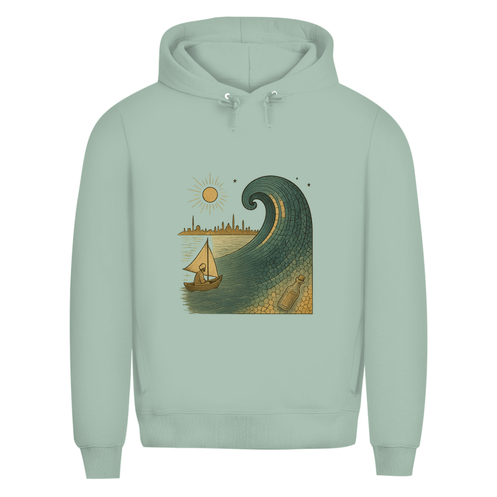 Hoodie mit türkischem Wellenmotiv – Kunstvolles Streetwear-Design mit Booten & Flaschenpost