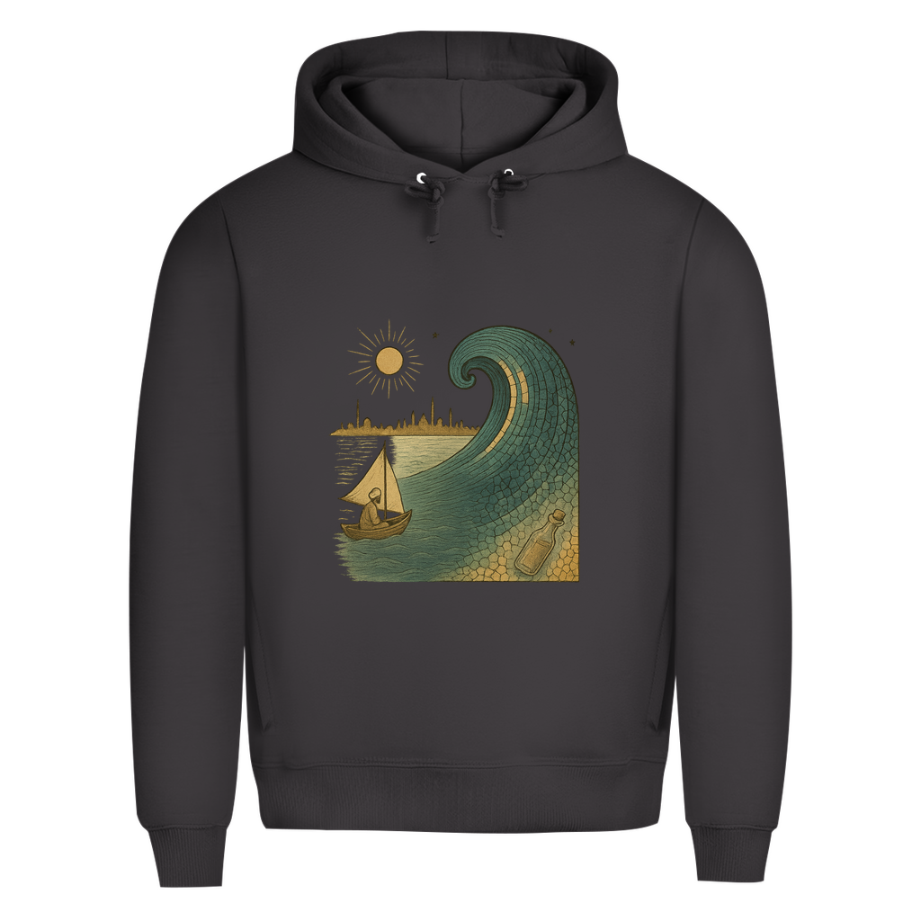 Hoodie mit türkischem Wellenmotiv – Kunstvolles Streetwear-Design mit Booten & Flaschenpost