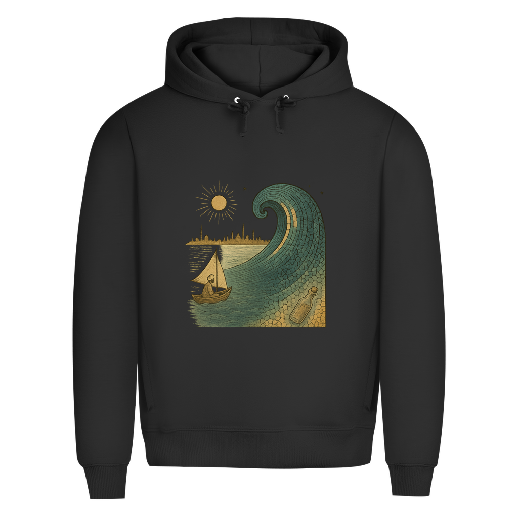 Hoodie mit türkischem Wellenmotiv – Kunstvolles Streetwear-Design mit Booten & Flaschenpost