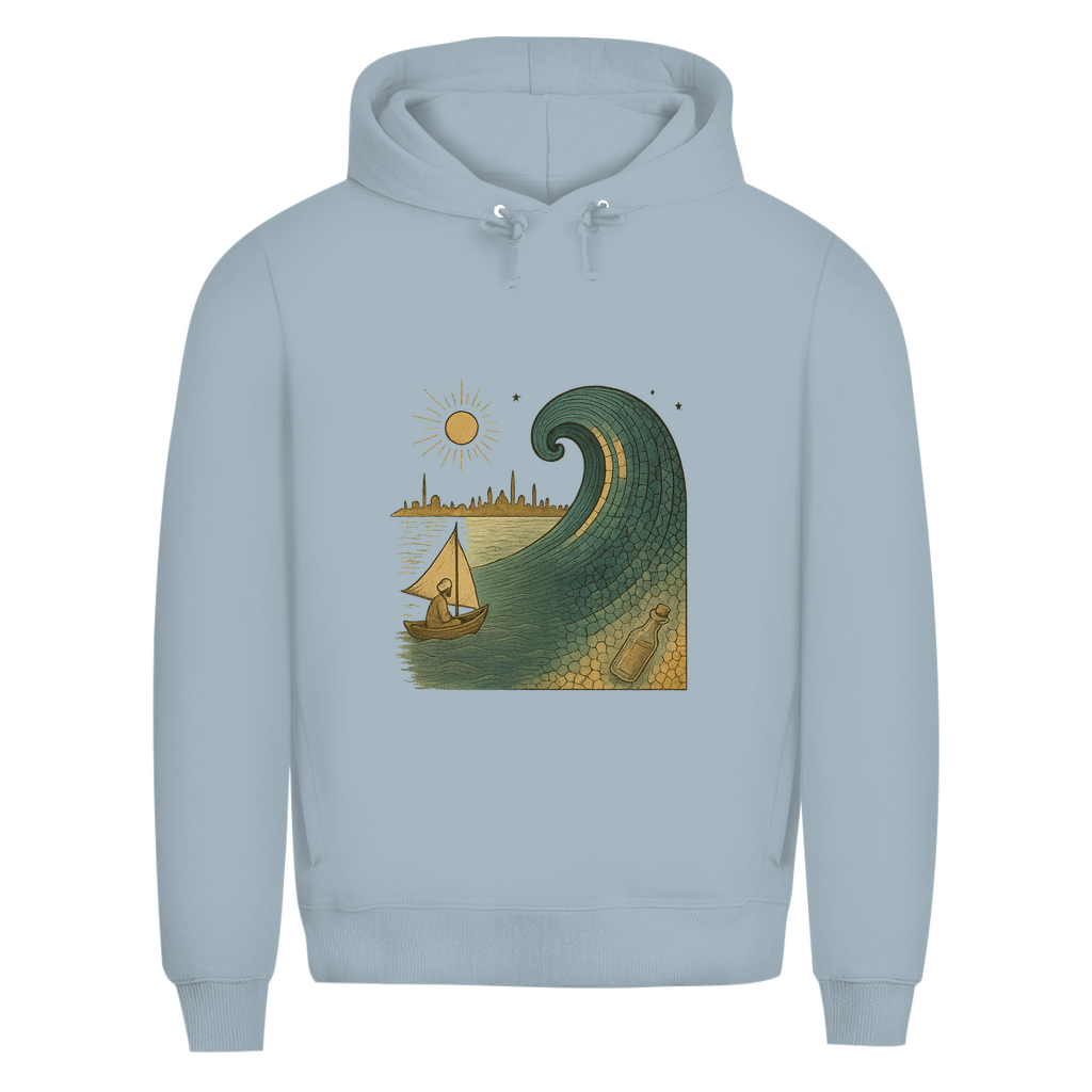 Hoodie mit türkischem Wellenmotiv – Kunstvolles Streetwear-Design mit Booten & Flaschenpost