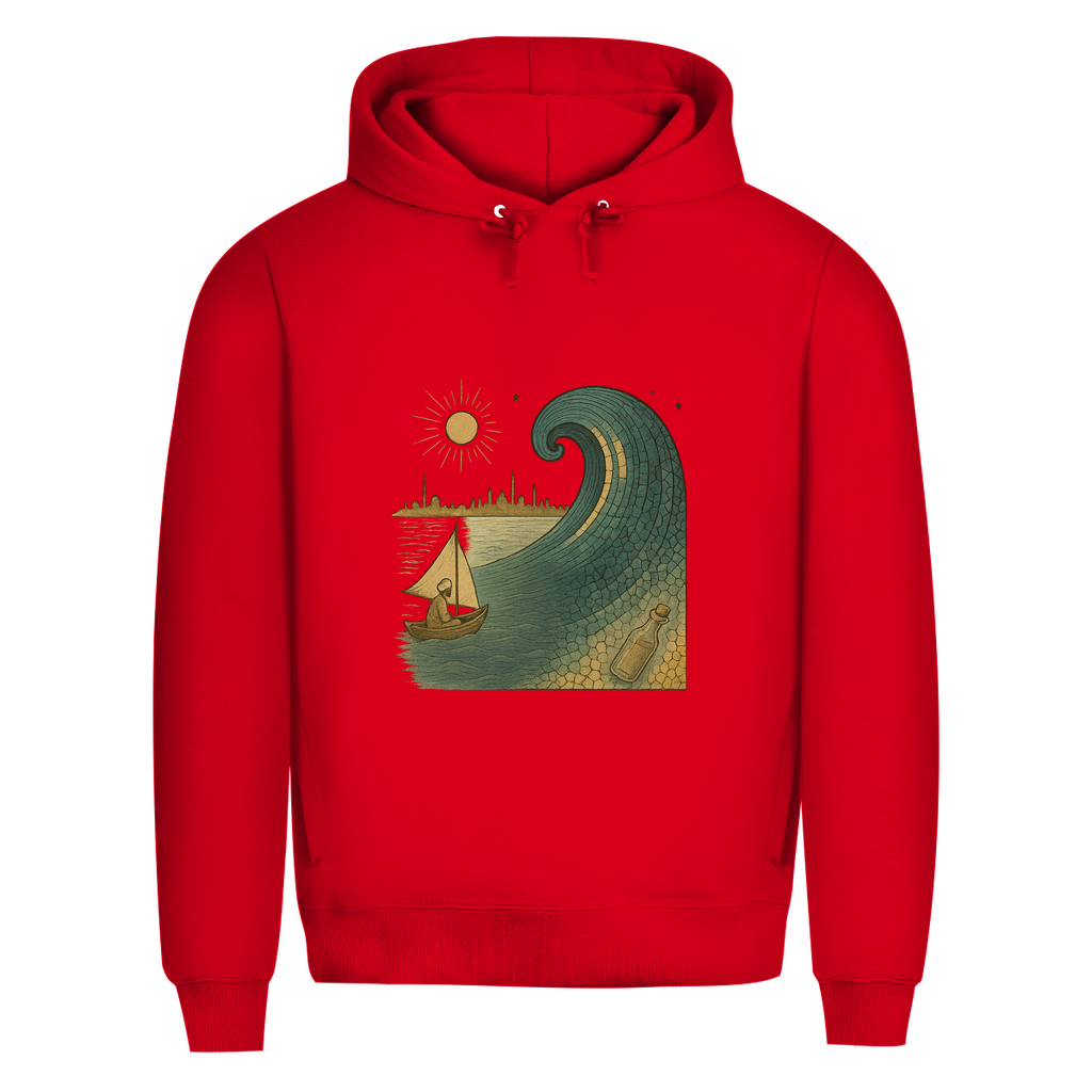 Hoodie mit türkischem Wellenmotiv – Kunstvolles Streetwear-Design mit Booten & Flaschenpost